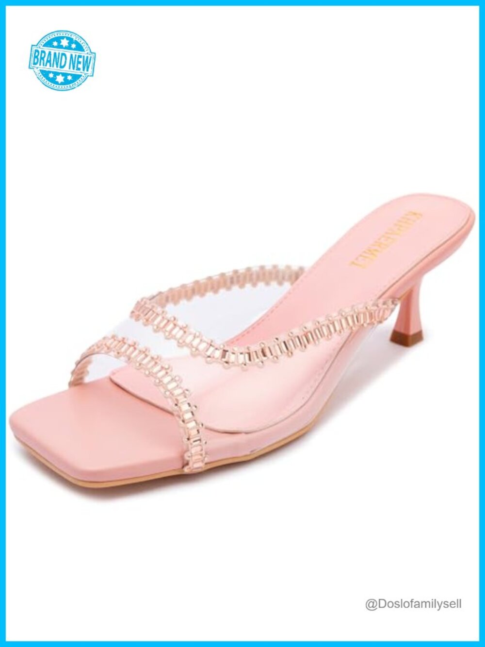Rhinestone Kitten Heel Sandals Slip On Low Heel Mules Faux Leather